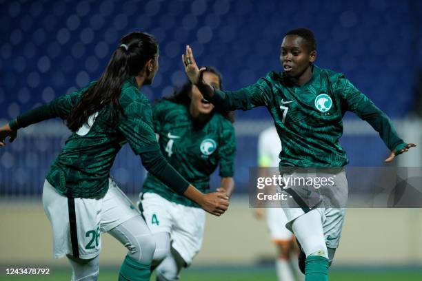 Saudi Arabia's Nora Ibrahim celebrates her goal during a friendly football match between Saudi Arabia and Bhutan at Prince Sultan bin Abdulaziz...