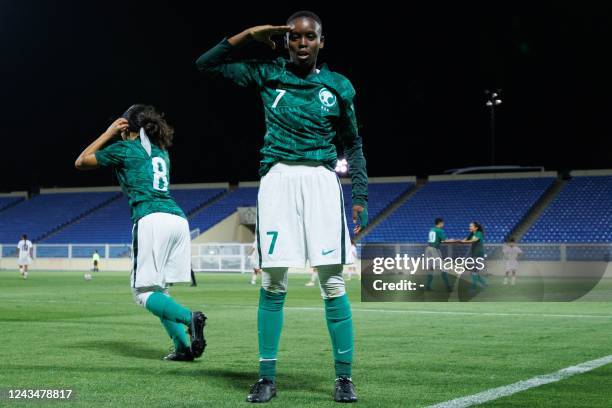 Saudi Arabia's Nora Ibrahim celebrates her goal during a friendly football match between Saudi Arabia and Bhutan at Prince Sultan bin Abdulaziz...