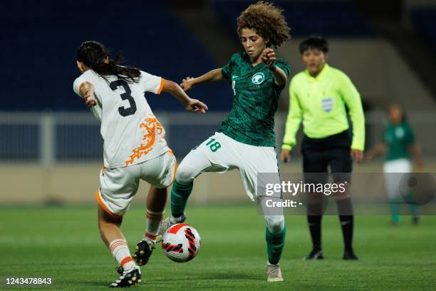 Saudi Arabia's Seba Tawfiq vies for the ball with Bhutan's Zangmo Karma during a friendly football match between Saudi Arabia and Bhutan at Prince...