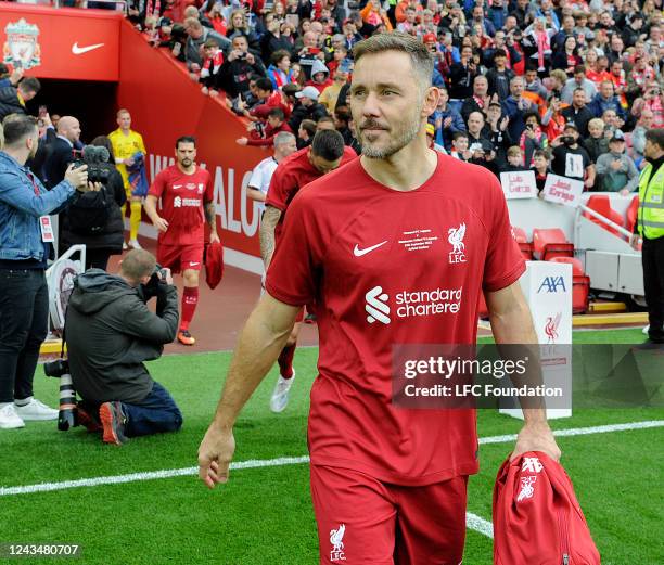 Fabio Aurelio of Liverpool makes his way on to the pitch at Anfield on September 24, 2022 in Liverpool, England.