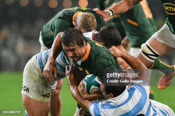 Eben Etzebeth of South Africa is tackled during The Rugby Championship match between South Africa and Argentina at Hollywoodbets Kings Park on...