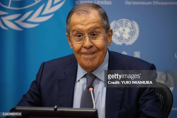 Russian Foreign Minister Sergei Lavrov speaks to the press after addressing the 77th session of the United Nations General Assembly at UN...