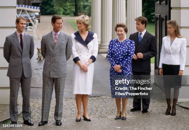 Prince Edward, Prince Charles, Princess Diana , Queen Elizabeth II , Viscount Linley and Sarah Armstrong-Jones celebrating the 87th birthday of the...