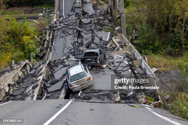 Destroyed bridge is seen on September 24 2022 in Kupiansk, Ukraine. Kupiansk is a front line city still under attack by Russian forces who are trying...