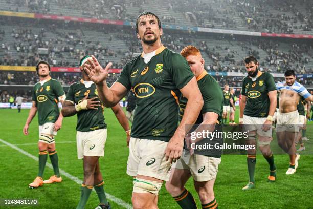 Eben Etzebeth of South Africa acknowledges the fans after The Rugby Championship match between South Africa and Argentina at Hollywoodbets Kings Park...