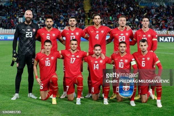 Serbia's players pose before the UEFA Nations League, League B, Group 4, football match between Serbia and Sweden at the Rajko-Mitic stadium in...