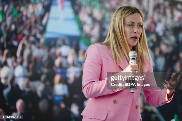 Giorgia Meloni seen speaking during the campaign. Giorgia Meloni, leader of the right nationalist and conservative party Brothers of Italy held the...