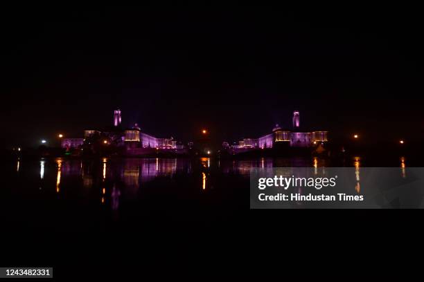 Reflections of lights during heavy rainfall at Vijay Chowk, on September 24, 2022 in New Delhi, India.