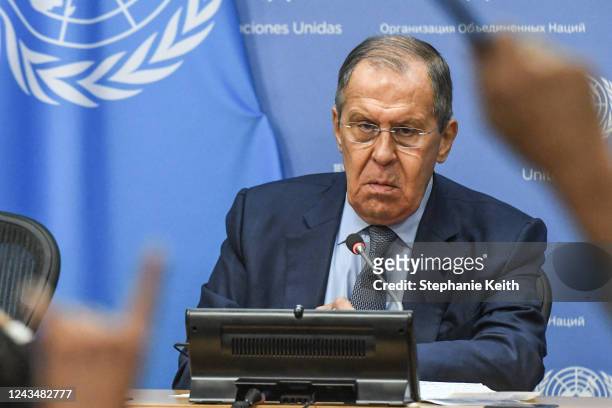 Russian Foreign Minister Sergey Lavrov holds a press conference during the 77th session of the United Nations General Assembly at U.N. Headquarters...