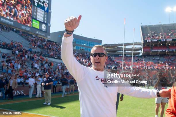 Head coach Bryan Harsin of the Auburn Tigers waves to fans after defeating the Missouri Tigers at Jordan-Hare Stadium on September 24, 2022 in...