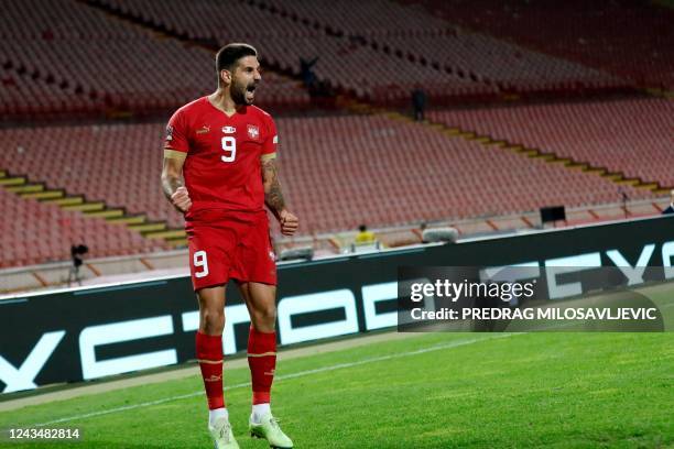 Serbia's forward Aleksandar Mitrovic celebrates after scoring a goal during the UEFA Nations League, League B, Group 4, football match between Serbia...
