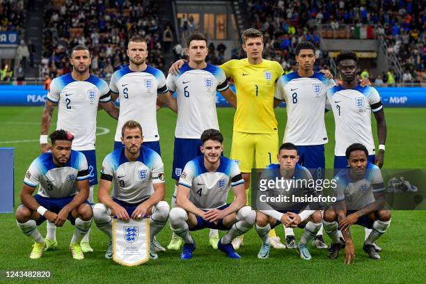 Players of England pose for a team photo during the Uefa Nations League League A group 3 football match between Italy and England. Italy won 1-0 over...