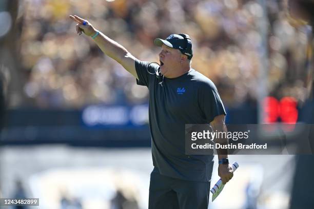 Head coach Chip Kelly of the UCLA Bruins yells from the sideline in the second quarter of the game against the Colorado Buffaloes at Folsom Field on...