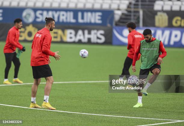 Serdar Dursun and Umut Bozok of Turkiye attend a training session ahead of the UEFA Nations League League C Group 1 match between Faroe Islands and...