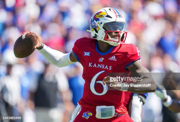 Jalon Daniels of the Kansas Jayhawks throws a pass during the second half against the Duke Blue Devils at David Booth Kansas Memorial Stadium on...