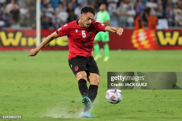 Albania's defender Frederic Veseli crosses the ball during the UEFA Nations League - League B Group 2 - football match between Israel and Albania at...