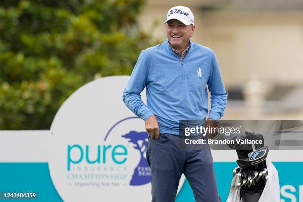 Steve Flesch prepares to tee off on the first hole during Round Two of the PURE Insurance Championship at Pebble Beach Golf Links on September 24,...