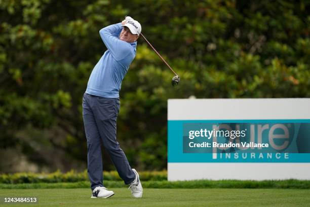 Steve Flesch tees off on the first hole during Round Two of the PURE Insurance Championship at Pebble Beach Golf Links on September 24, 2022 in...