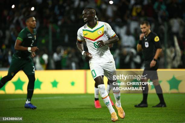 Senegal's forward Sadio Mane celebrates after scoring a penalt during the friendly football match between Bolivia and Senegal in Orleans, central...
