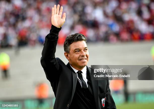 Marcelo Gallardo coach of River Plate waves the fans prior a match between River Plate and Talleres as part of Liga Profesional 2022 at at Estadio...