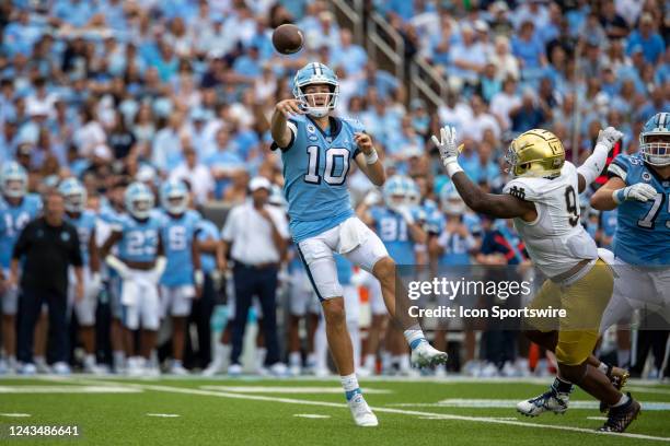 North Carolina Tar Heels quarterback Drake Maye attempts a pass during a football game between the Notre Dame Fighting Irish and the North Carolina...