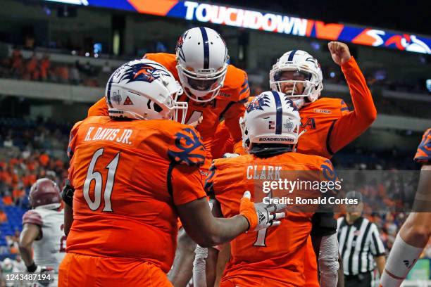 Wide receiver Zachary Franklin of the UTSA Roadrunners celebrates a touchdown after a reception against the Texas Southern Tigers at the Alamodome on...