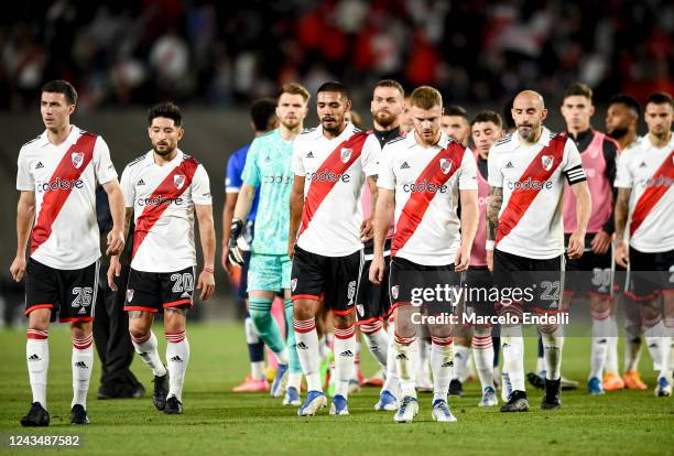 Players of River Plate leave the pitch after losing a match between River Plate and Talleres as part of Liga Profesional 2022 at at Estadio Mas...