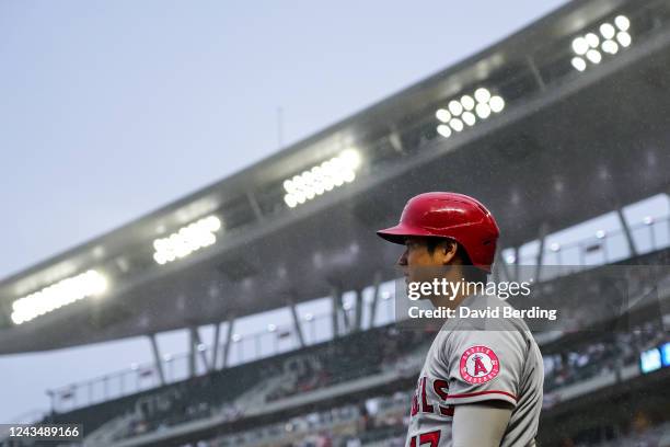 Shohei Ohtani of the Los Angeles Angels looks on from the on-deck circle against the Minnesota Twins in the first inning of the game at Target Field...