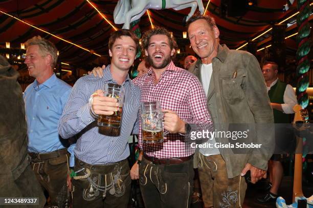 Patrick Schwarzenegger, brother Christopher Schwarzenegger and Ralf Moeller during the 187th Oktoberfest at Marstall tent /Theresienwiese on...