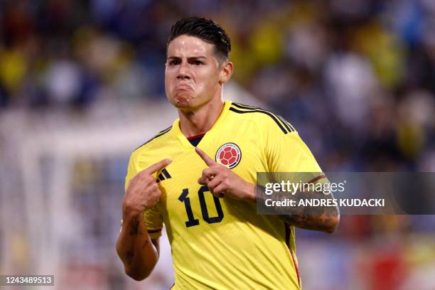 Colombia's James Rodriguez celebrates his goal during the international friendly football match between Colombia and Guatemala at Red Bull Arena in...