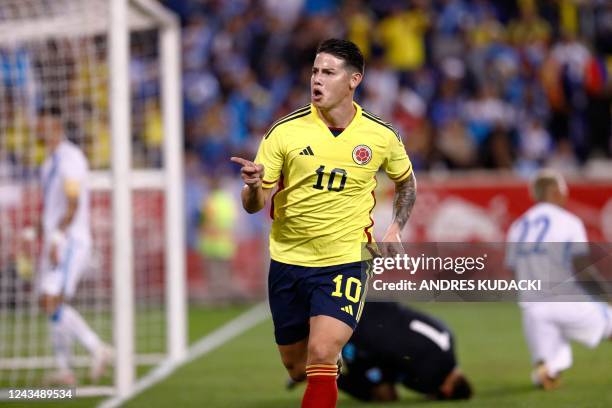 Colombias James Rodriguez celebrates his goal during the international friendly football match between Colombia and Guatemala at Red Bull Arena in...