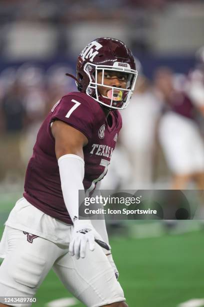 Texas A&M Aggies wide receiver Moose Muhammad III checks with the line judge during the Southwest Classic game between Arkansas and Texas A&M on...