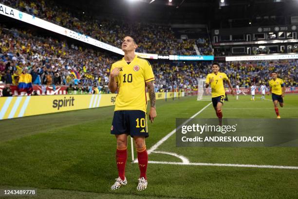 Colombias James Rodriguez celebrates his goal with teammates during the international friendly football match between Colombia and Guatemala at Red...