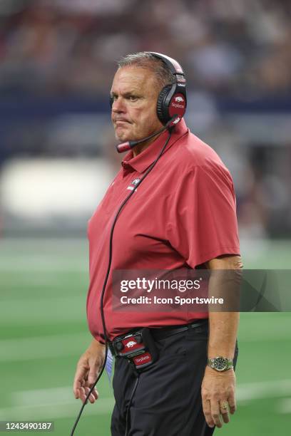 Arkansas Razorbacks head coach Sam Pittman looks on during the Southwest Classic game between Arkansas and Texas A&M on September 24, 2022 at AT&T...