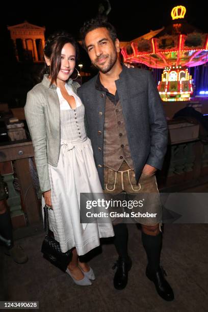 Elyas M'Barek and his wife Jessica M'Barek during the 187th Oktoberfest at Kaefer-Schaenke /Theresienwiese on September 24, 2022 in Munich, Germany.