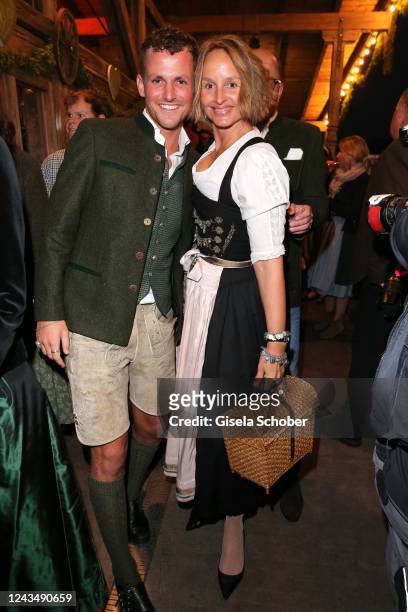 Lara Joy Körner and her son David Vicedomini during the 187th Oktoberfest at Kaefer-Schaenke /Theresienwiese on September 24, 2022 in Munich, Germany.