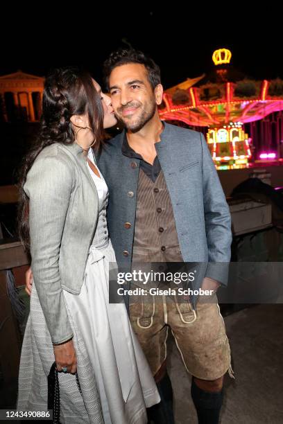 Elyas M'Barek and his wife Jessica M'Barek during the 187th Oktoberfest at Kaefer-Schaenke /Theresienwiese on September 24, 2022 in Munich, Germany.