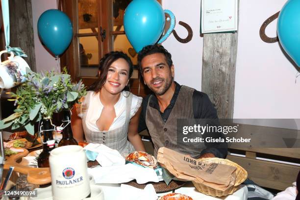 Elyas M'Barek and his wife Jessica M'Barek during the 187th Oktoberfest at Kaefer-Schaenke /Theresienwiese on September 24, 2022 in Munich, Germany.