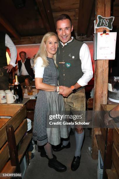 Kai Pflaume and his wife Ilka Pflaume during the 187th Oktoberfest at Kaefer-Schaenke /Theresienwiese on September 24, 2022 in Munich, Germany.