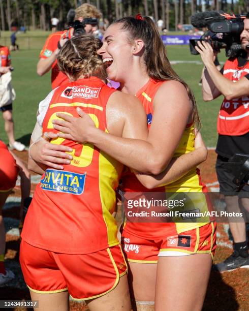 Kalinda Howarth and Courtney Jones of the Suns embrace after the 2022 S7 AFLW Round 05 match between the Gold Coast Suns and the Port Adelaide Power...