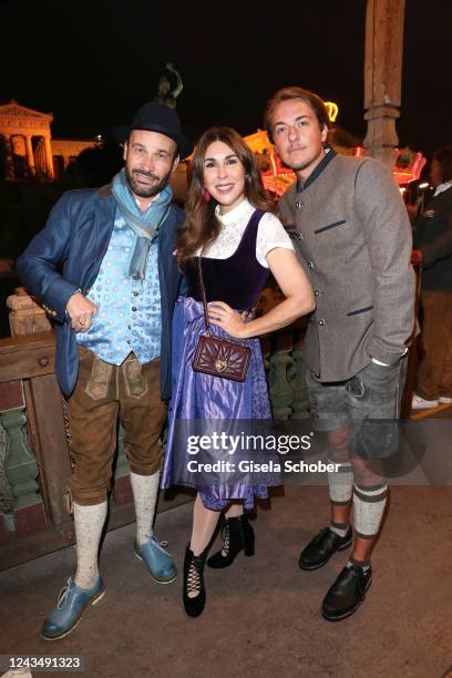 Alexander Klaus Stecher, Judith Williams, Vincent Stecher during the 187th Oktoberfest at Kaefer-Schaenke /Theresienwiese on September 24, 2022 in...