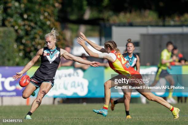 Erin Phillips of the Power kicks the ball during the 2022 S7 AFLW Round 05 match between the Gold Coast Suns and the Port Adelaide Power at Bond...