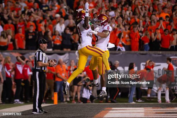 USCs Jordan Addison and Austin Jones celebrated Addisons game winning touchdown during the college football game between the USC Trojans and the...