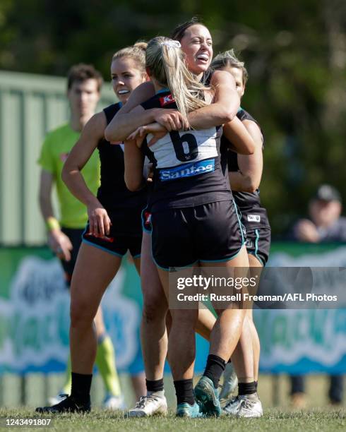 Indy Tahau of the Power celebrates a goal during the 2022 S7 AFLW Round 05 match between the Gold Coast Suns and the Port Adelaide Power at Bond...