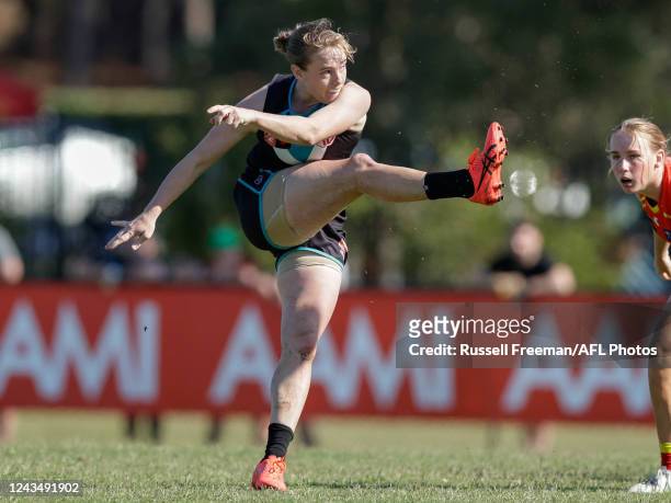 Brittany Perry of the Power kicks a goal during the 2022 S7 AFLW Round 05 match between the Gold Coast Suns and the Port Adelaide Power at Bond...