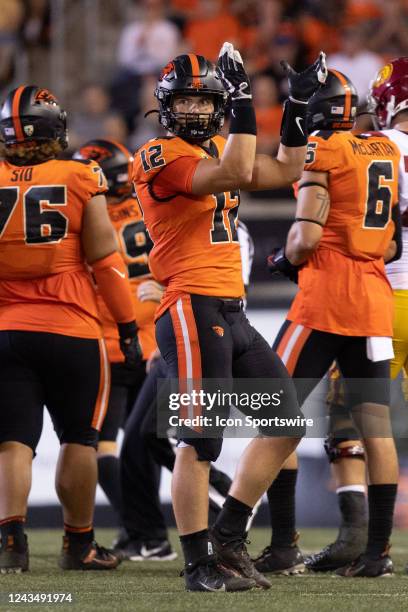 Oregon State linebacker Jack Colletto claps during the college football game between the USC Trojans and the Oregon State Beavers on September 24,...