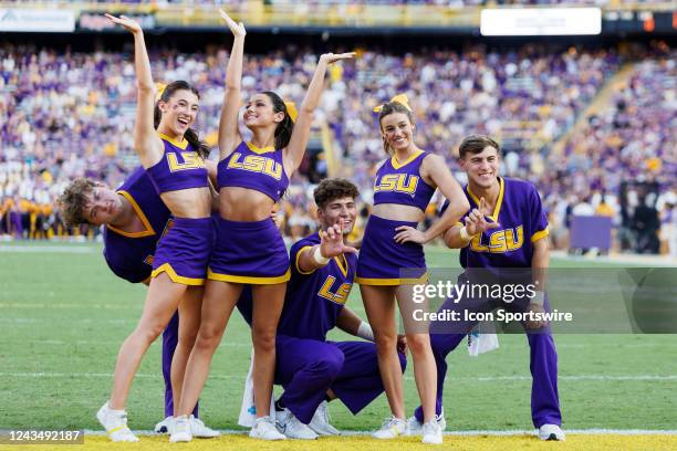 The LSU Tigers cheerleaders entertain the crowd during a game between the LSU Tigers and the New Mexico Lobos on September 24 at Tiger Stadium in...