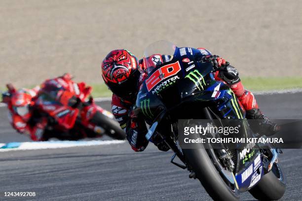 Monster Energy Yamaha MotoGP rider Fabio Quartararo of France rides his motorcycle during the MotoGP class race at the Japanese Grand Prix in Motegi,...