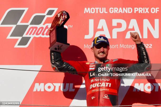 MotoGP Japanese Grand Prix winner Ducati Lenovo team rider Jack Miller of Australia celebrates on the podium after winning the MotoGP class race at...