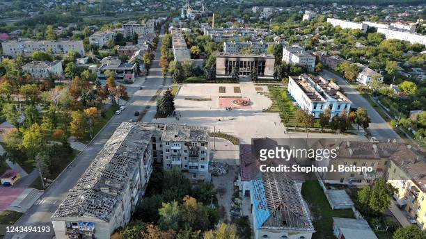 In an aerial view, buildings sit destroyed in Izium, Ukraine. Residents of Izium have recently been liberated after a six month occupation.
